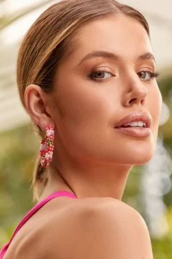 Adorne Bead Panelled Hoops | Pink Multi