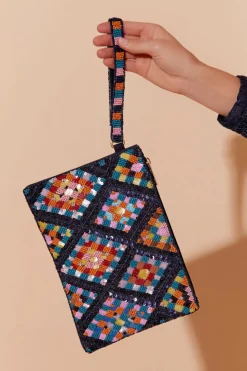 Adorne Beaded Weave Pattern Clutch | Navy