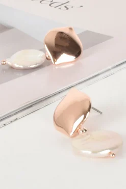 Adorne Button Top Pearl Drop Earrings | Rosegold