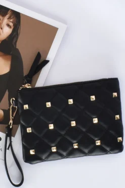 Adorne Charlotte Fine Studded Quilt Pouch | Black