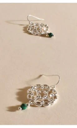 Adorne Fallon Stone Drop Filigree Hook Earrings | Green/Silver
