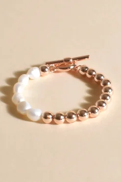 Adorne Half Pearl Metal Ball Toggle Bracelet | Gold/Cream