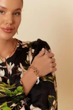 Adorne Half Pearl Metal Ball Toggle Bracelet | Gold/Cream