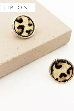 Adorne Hide Button Clip On Earrings | Leopard Gold