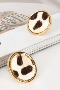 Adorne Hide Button Stud Earrings | Cream Leopard