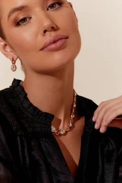 Adorne Inga Oval Jewel Drop Mini Hoops | Pink/Gold