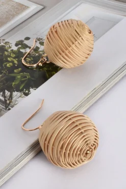 Adorne Lena Rattan Ball Drop Earrings | Natural