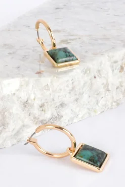 Adorne Square Stone Mini Hoops | Green & Gold