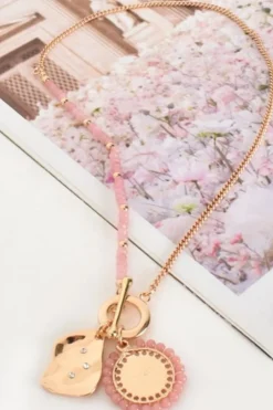 Adorne Stone Detail Charm Necklace | Pink/Rosegold