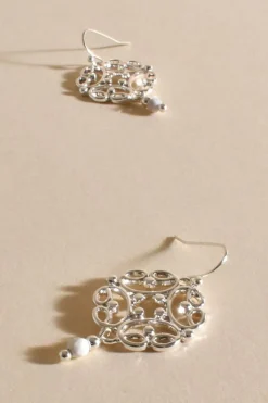 Fallon Stone Drop Filigree Hook Earrings | White/Silver