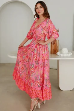 Fashion Express Beverly V-Neck Midi Dress | Pink Floral