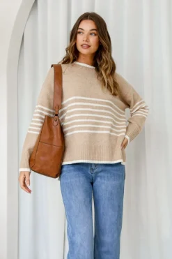 Fashion Express Dana Half Stripe Knit | Camel/White