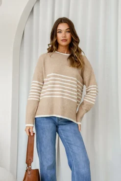 Fashion Express Dana Half Stripe Knit | Camel/White