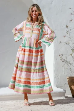 Fashion Express Mediterranean Jacquard Maxi Dress | Pink/Orange/Green