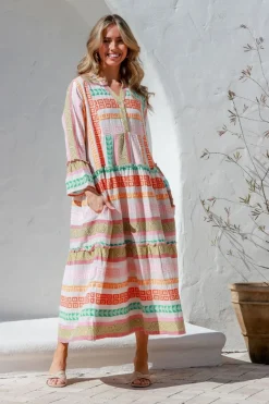 Fashion Express Mediterranean Jacquard Maxi Dress | Pink/Orange/Green