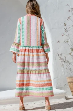 Fashion Express Mediterranean Jacquard Maxi Dress | Pink/Orange/Green