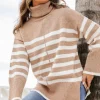 Fashion Express Stripe Roll Neck Knit | Camel/White