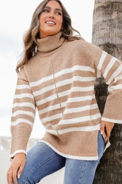 Fashion Express Stripe Roll Neck Knit | Camel/White