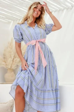 Fashion Express Sunset Tie Stripe Dress | Blue/Red
