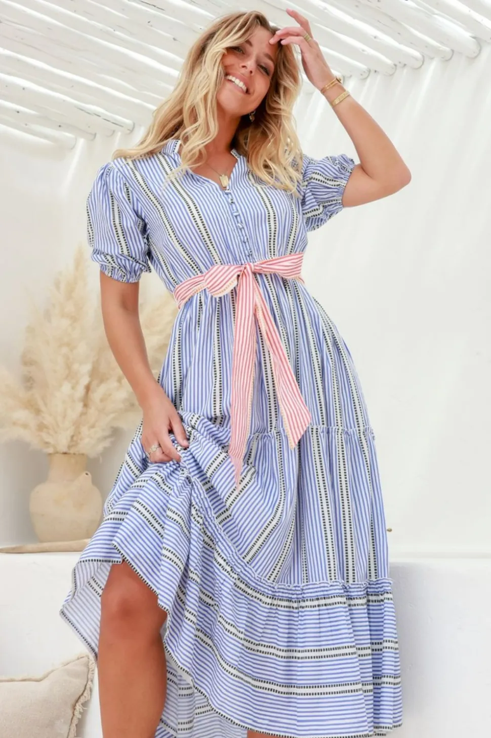 Fashion Express Sunset Tie Stripe Dress | Blue/Red