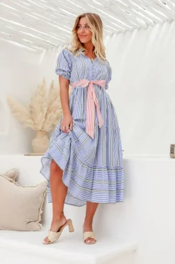 Fashion Express Sunset Tie Stripe Dress | Blue/Red