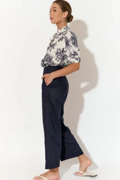 Nisha Cropped Linen Pant | Navy