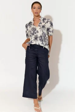 Nisha Cropped Linen Pant | Navy