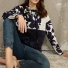 Picadilly Funnel Neck Floral Jacquard Top | Navy/Off White