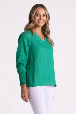 Silvermaple Collection Carrie Linen V-Neck Top | Emerald