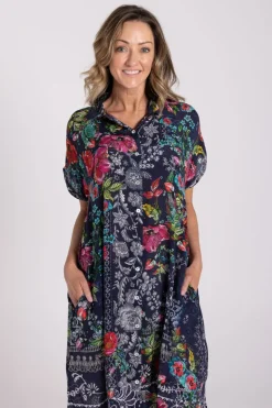 Silvermaple Collection Grace Button Dress | Navy Bloom