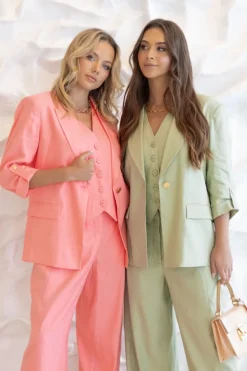 Two T's Linen Mix Blazer with Tab Sleeve | Coral